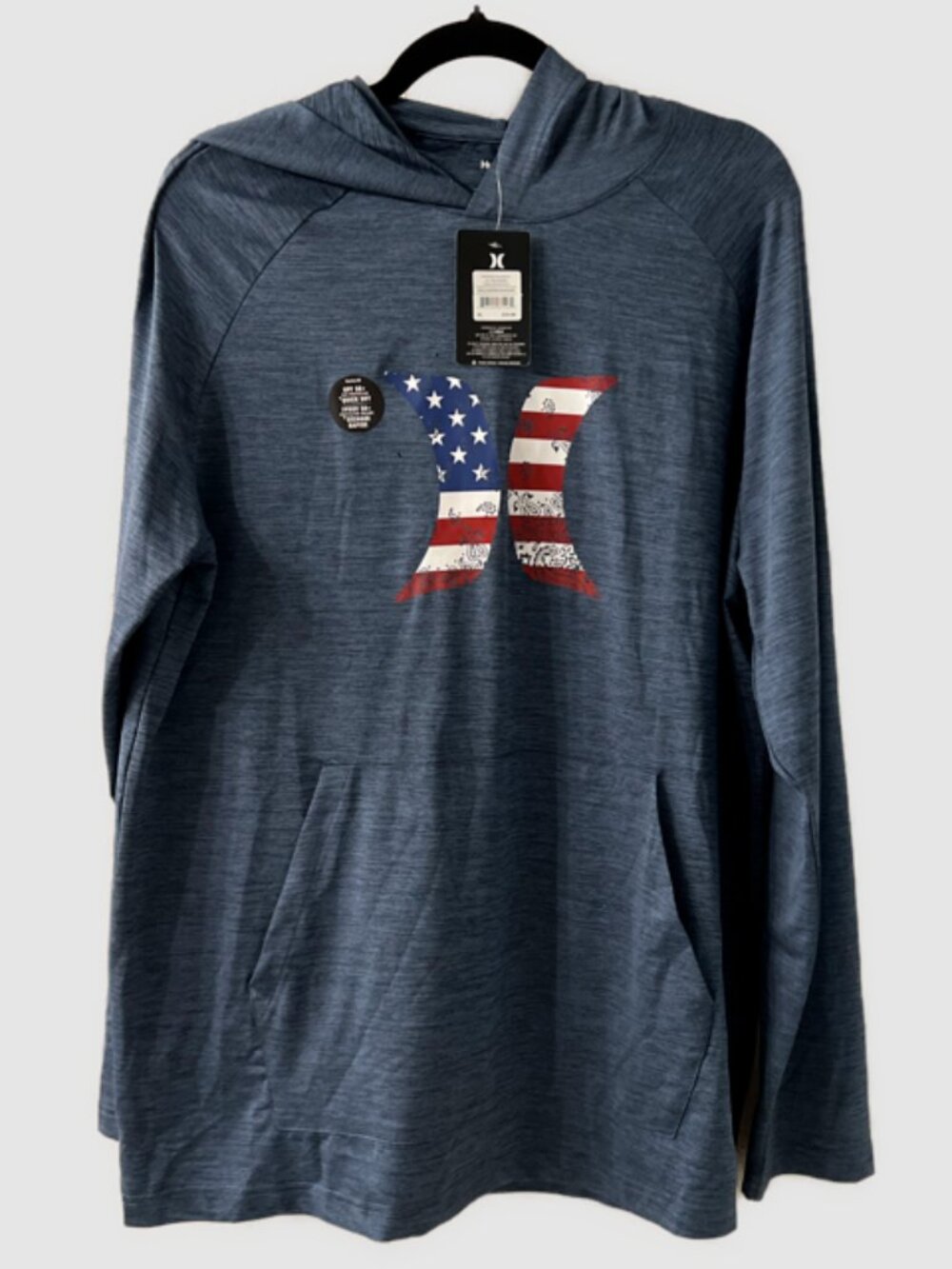 Hurley Icon Hooded Rash Guard – American Flag Logo Heather Blue, Size XL